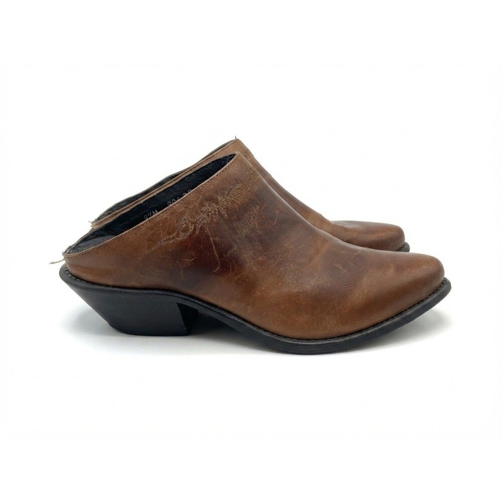 VTG 90s Code West Brown Leather Western Mules Women 8.5 M Slip On Cowboy Slides